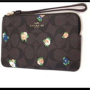 NIB Coach corner zip wristlet wallet in canvas leather in brown black floral
